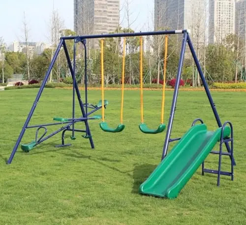 HooKung metal swing set with seesaw and slide