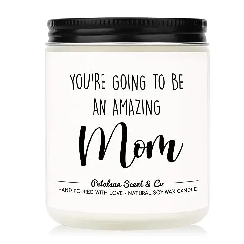 Lavender scented candle with 'You're going to be an amazing mom' message