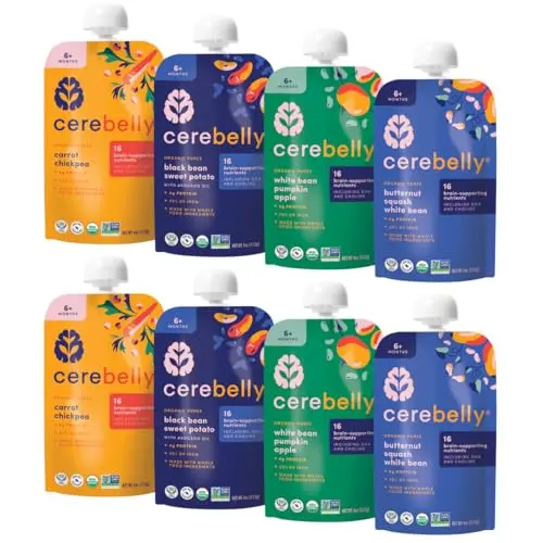 Cerebelly organic baby food pouches with vegetables and beans for cognitive development
