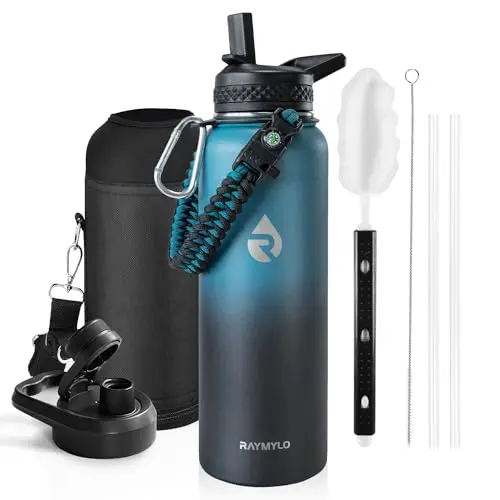 RAYMYLO insulated water bottle with paracord handle in indigo and black