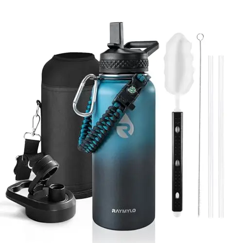 RAYMYLO 32oz insulated water bottle in indigo/black color with paracord handle