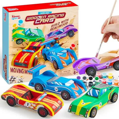 Klever Kits wooden race car craft kit with unpainted cars and colorful paints