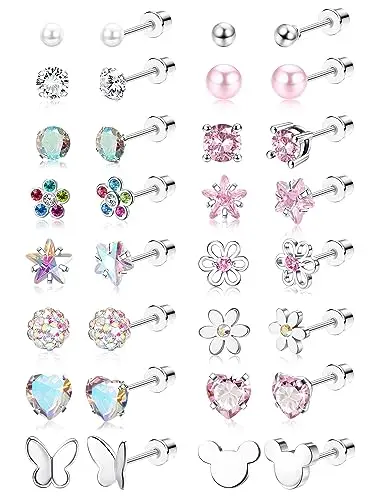 CASSIECA 16 pairs of hypoallergenic screw back earrings with CZ stones