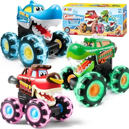 JOYIN 3 pack monster truck toys with colorful LED wheels and animal designs