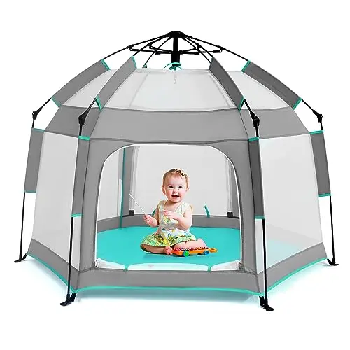 Bend River baby playpen with UPF50+ canopy and mosquito net in grey color
