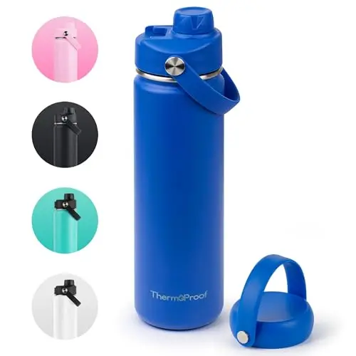 ThermoProof 22 ounce insulated water bottle with two lids
