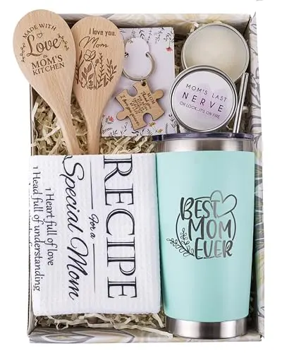 Gift basket with tumbler, candle, and kitchen items for mom
