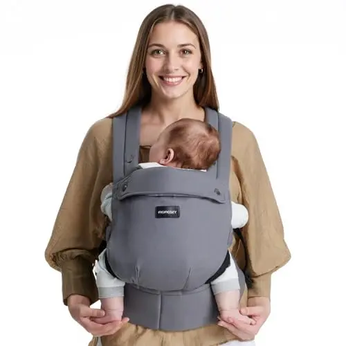 Momcozy baby carrier with X-shaped back design and lumbar support
