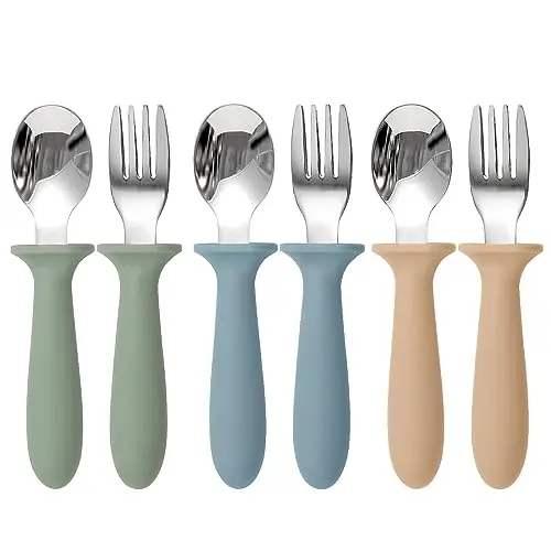 Eascrozn stainless steel toddler forks and spoons with colorful silicone handles