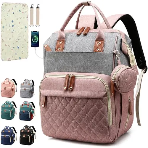 SHITIESHOU pink and gray compact diaper backpack