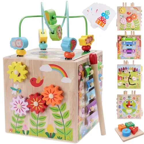 Wooden activity cube with multiple educational games