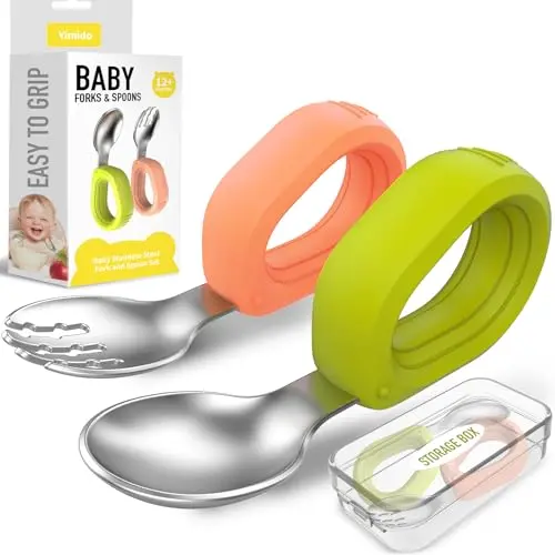 Yimido toddler spoon and fork set with hollow ring handles in orange and green
