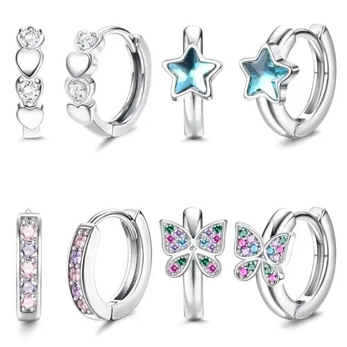 Set of 4 pairs of small huggie hoop earrings for girls and women