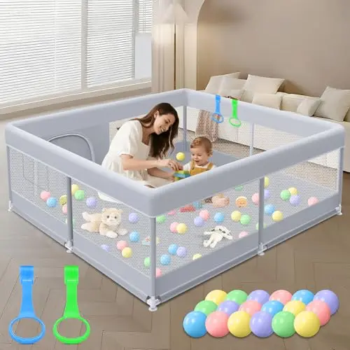 XVISHX baby playpen with included balls and handles for crawling