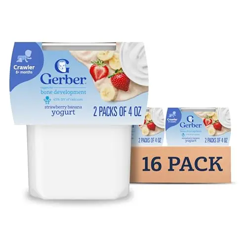 Gerber Stage 3 baby food tubs with strawberry banana yogurt puree