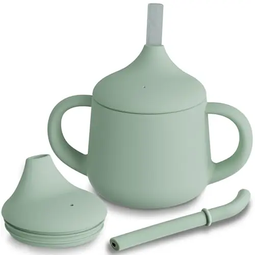 Moonkie silicone training cup in sage green with multiple lids