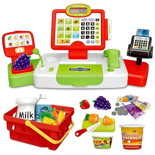 Kids cash register toy with calculator and grocery play food