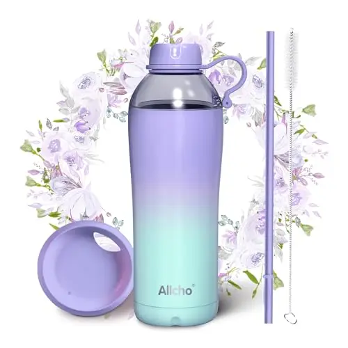 Allcho insulated water bottle in lavender meadow color with two interchangeable lids