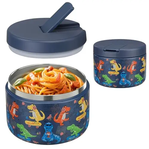 Pawtong insulated food jar with dinosaur design and buckle lid