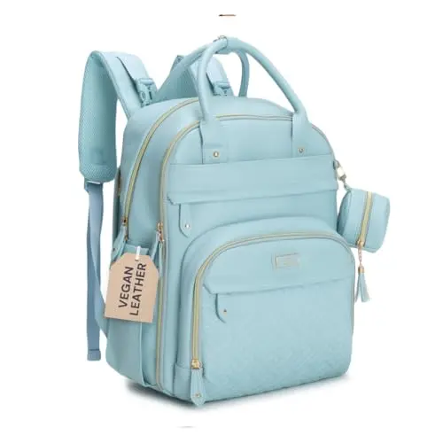 BabbleRoo leather diaper backpack with multiple pockets and included accessories