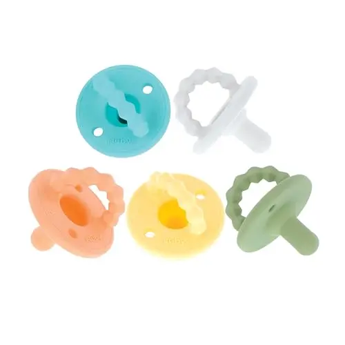 Nuby Softees pacifier and teether set with textured handles in neutral colors