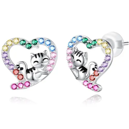 Sterling silver cat earrings with heart design for sensitive ears