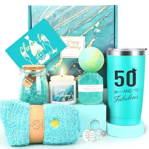 IAOVUEBY 50th birthday spa gift box with tumbler, socks, candle, and bath items