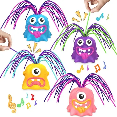 Set of colorful monster toys that make sounds when hair is pulled