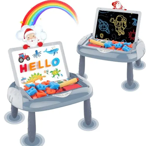 Blue art easel table with magnetic letters and drawing boards