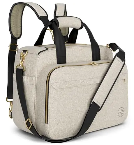 Mellories beige convertible diaper bag showing multiple carrying options