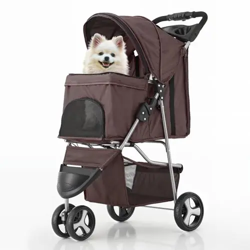 MoNiBloom 3-wheel pet stroller with weather cover for dogs and cats