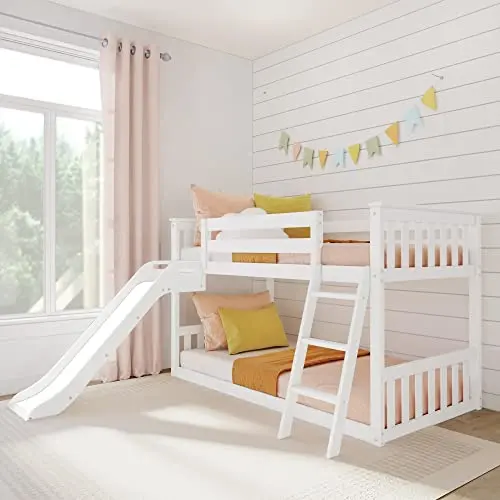 Max & Lily white solid wood bunk bed with slide and ladder for kids