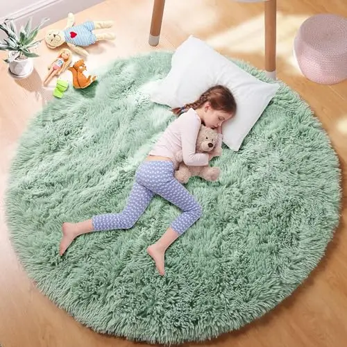 PAGISOFE sage green round shag rug with fluffy high-pile surface