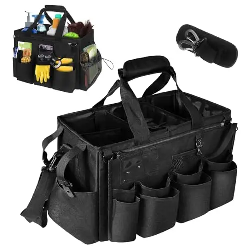 BOHEMIABY black cleaning tote with multiple exterior pockets