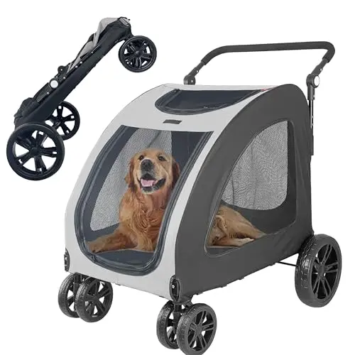 HTLPET dog stroller with netted windows and foldable design for large pets