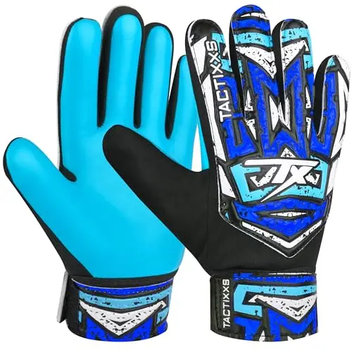 TACTIXXS soccer goalkeeper gloves in cyan blue with hook and loop closure