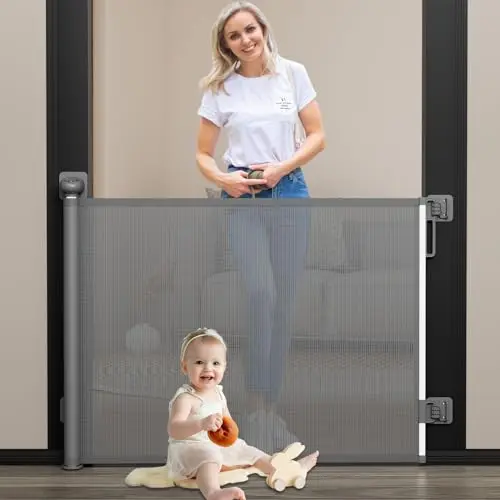 Babepai retractable mesh baby gate extended across stairs