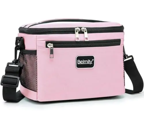 BEIMILY insulated lunch bag in pink with side pockets and adjustable strap