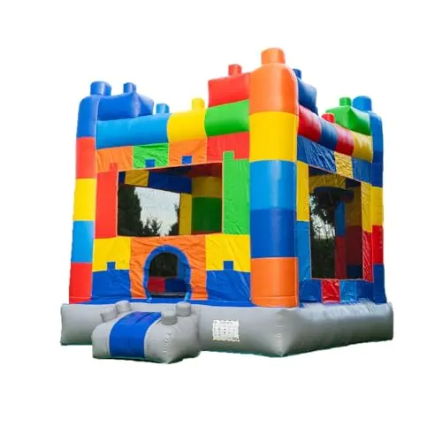 HeroKiddo block-themed bounce house with basketball hoop