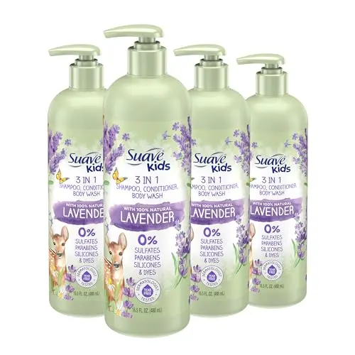 Suave Kids 3-in-1 shampoo and body wash bottle with lavender design