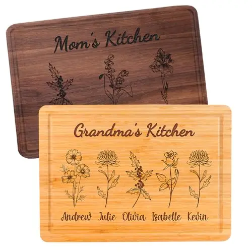 Personalized cutting board with birth flower engraving for mom