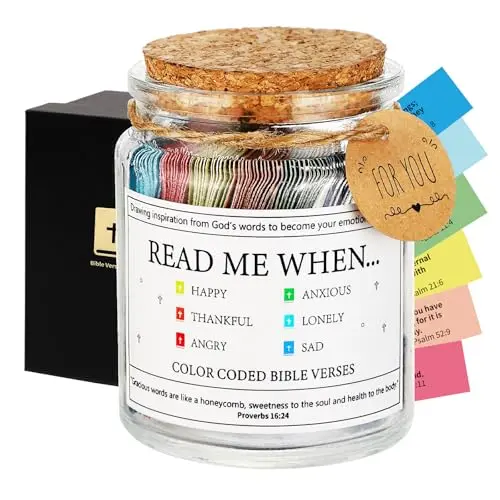 Qunrwe glass jar with NIV Bible verse cards in colorful patterns