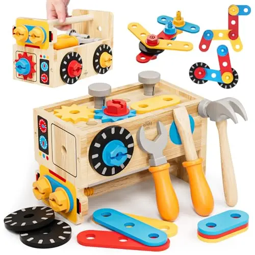 Lehoo Castle wooden tool set with toolbox and construction pieces