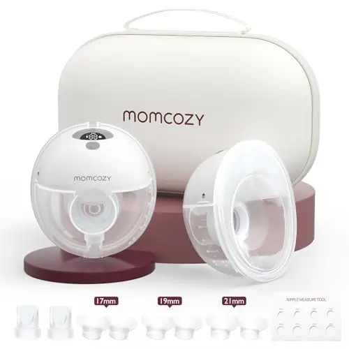 Momcozy M5 wearable breast pump showing compact design and multiple flange sizes