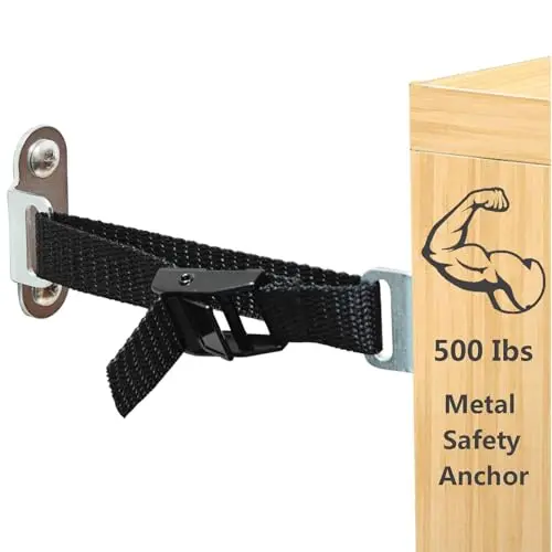 Adjustable furniture anchors with heavy duty straps for baby proofing