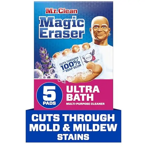 Mr. Clean Magic Eraser sponge removing soap scum from shower surface
