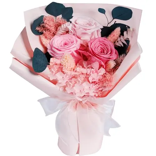 BONSION pink preserved roses bouquet in gift packaging
