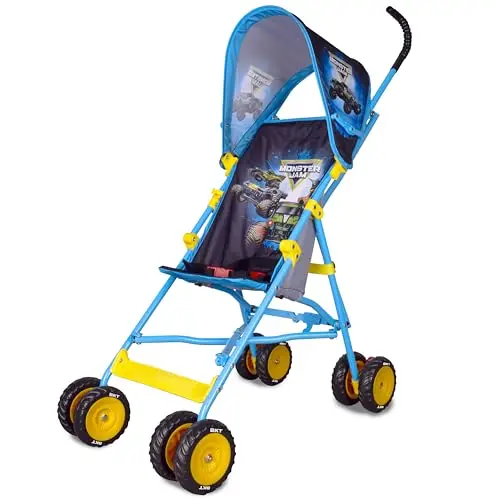 Monster Jam official umbrella stroller in blue with Monster Truck graphics and smooth wheels