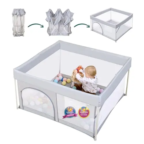 BABELIO foldable baby playpen in grey with mesh sides and storage bag