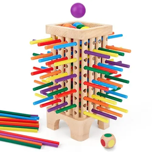 Montessori wooden board game with colorful sticks and balls